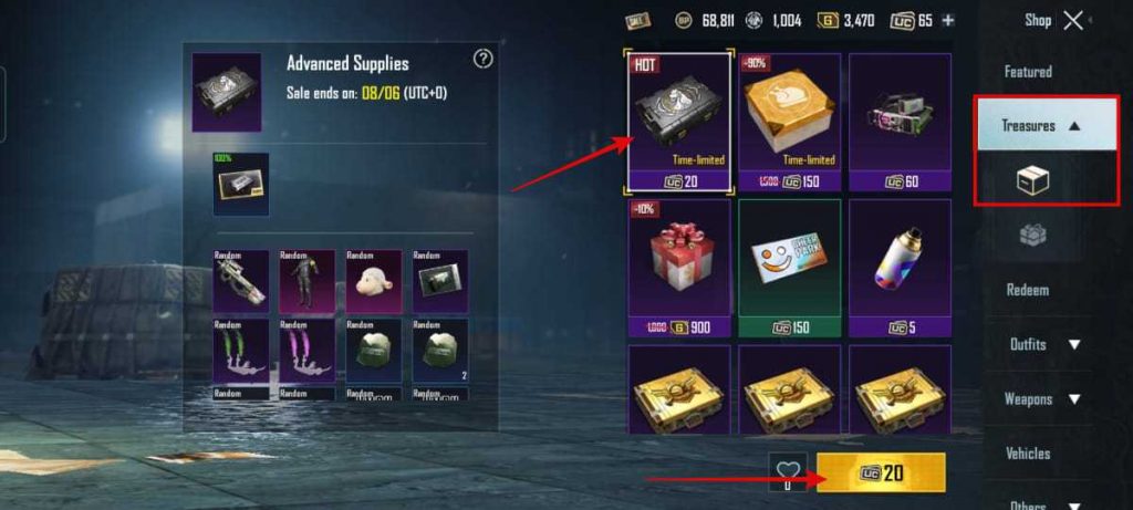Step 2: Tap on Treasures > Advanced Supplies (Purchase it for 20 UC)