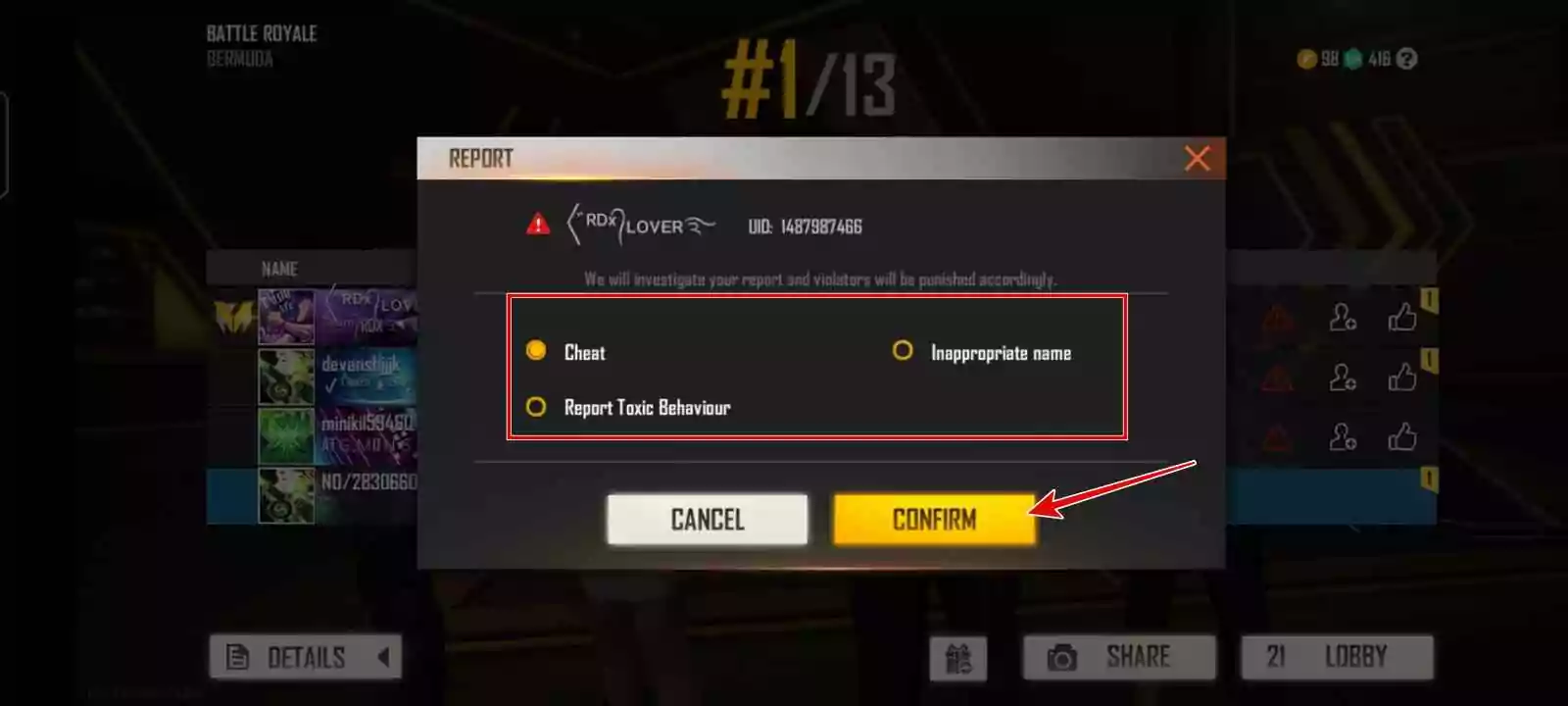 Step 2: Choose any cheat used by the player > Confirm