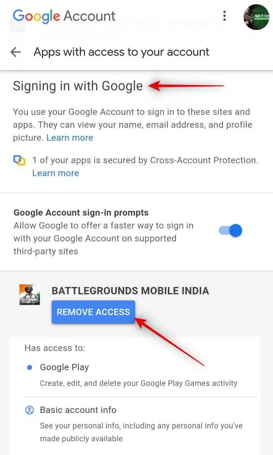 Step 4: Tap on BATTLEGROUNDS MOBILE INDIA > Remove Access