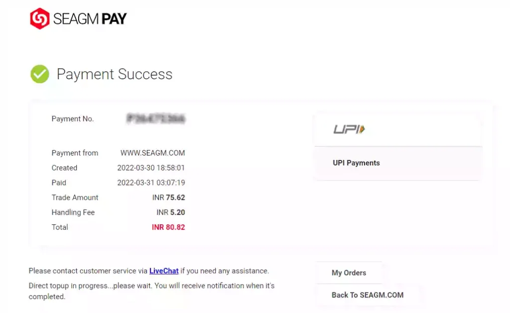 Payment Success page of SEAGM PAY will open. You will also receive confirmation email.